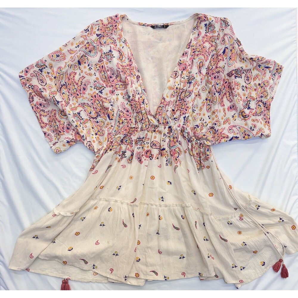 Zudio Boho Paisley Tunic Dress Small Deep V-Neck Flutter Sleeve Summer Beach